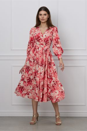 Rochie Dy Fashion corai cu imprimeu alb si curea in talie 1