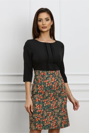 Rochie Dy Fashion cu bust negru si fusta verde cu imprimeu floral 1