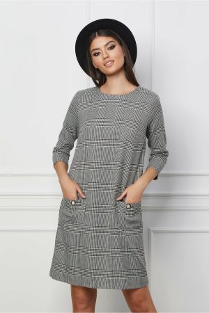 Rochie Dy Fashion cu imprimeu pepit alb-negru si buzunare 1