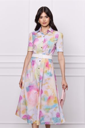 Rochie DY Fashion galbena cu imprimeu roz si curea in talie 1