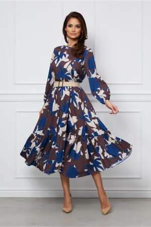 Rochie Dy Fashion gri cu imprimeuri albastre si curea in talie 1