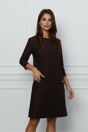 Rochie Dy Fashion lejera bordo cu imprimeuri negre si buzunare 1