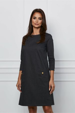 Rochie Dy Fashion lejera gri cu imprimeuri negre si buzunare 1