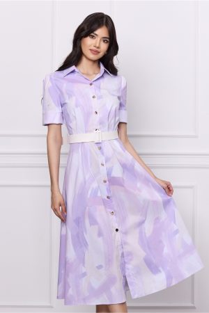 Rochie DY Fashion lila cu imprimeu bej si curea in talie 1