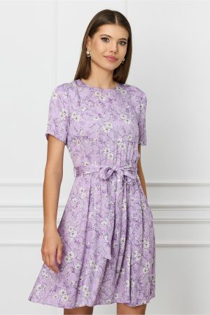 Rochie Dy Fashion lila cu imprimeu floral alb si cordon in talie 1