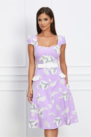 Rochie Dy Fashion lila cu imprimeu floral alb si curea in talie 1