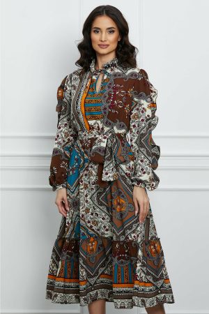 Rochie Dy Fashion maro cu imprimeuri albe si cordon in talie 1