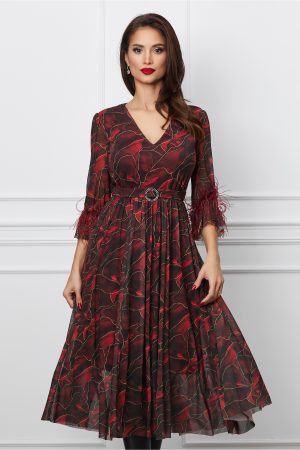 Rochie Dy Fashion midi neagra cu imprimeu floral bordo si pene la maneci 1