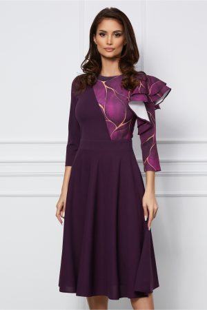 Rochie Dy Fashion mov cu imprimeu bej si volan la bust 1