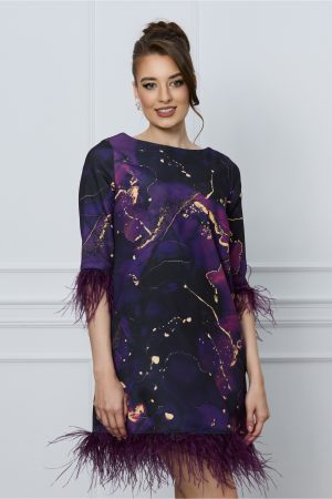 Rochie DY Fashion mov cu imprimeuri bej si pene 1