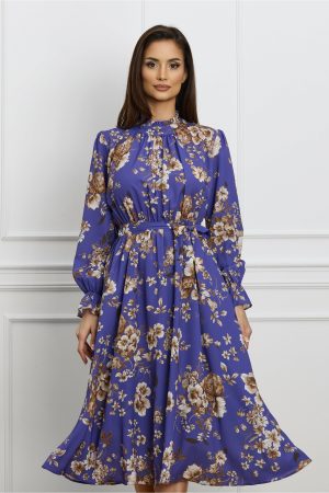 Rochie Dy Fashion mov cu imprimeuri florale si cordon in talie 1