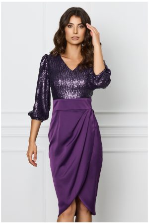 Rochie Dy Fashion mov cu paiete la bust si fusta din satin 1