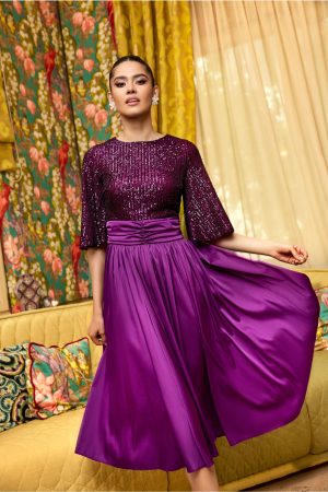 Rochie Dy Fashion mov cu paiete la bust si fusta din satin 1