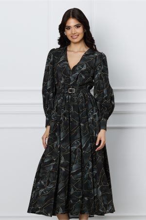 Rochie Dy Fashion neagra cu imprimeu gri si curea in talie 1