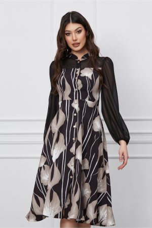 Rochie Dy Fashion neagra cu imprimeuri bej si nasturi 1