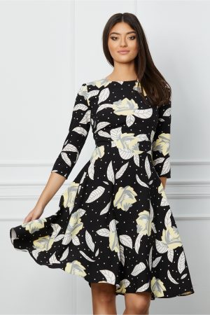 Rochie Dy Fashion neagra cu imprimeuri galbene si albe 1