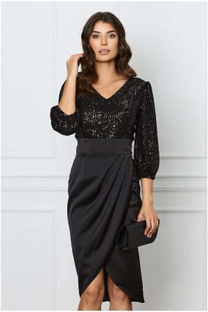Rochie Dy Fashion neagra cu paiete la bust si fusta din satin 1