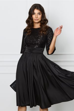 Rochie Dy Fashion neagra cu paiete la bust si fusta din satin 1