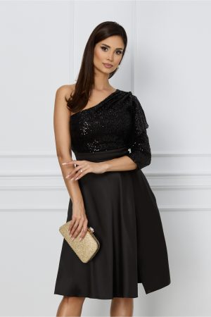 Rochie Dy Fashion neagra cu paiete la bust si fusta din tafta 1