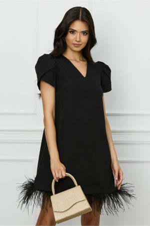 Rochie DY Fashion neagra cu pene la baza si umeri bufanti 1