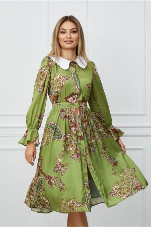 Rochie Dy Fashion olive cu imprimeu maro si guler alb 1