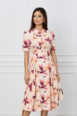 Rochie Dy Fashion peach cu imprimeu bordo office cu nasturi la bust si curea in talie 1