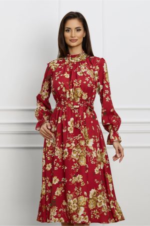 Rochie Dy Fashion rosie cu imprimeuri florale si cordon in talie 1