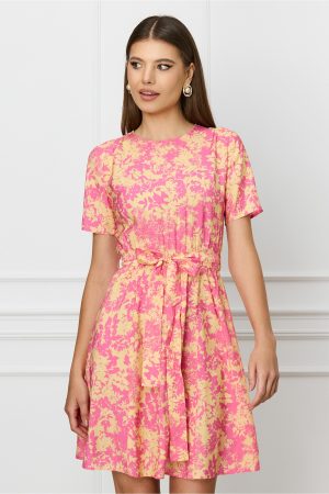 Rochie Dy Fashion roz cu imprimeu galben si cordon in talie 1
