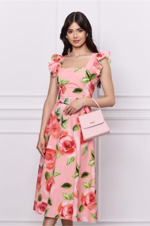 Rochie DY Fashion roz cu imprimeuri florale corai si volane la umeri 1