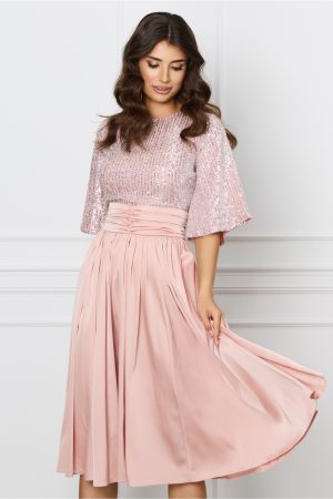 Rochie Dy Fashion roz cu paiete la bust si fusta din satin 1