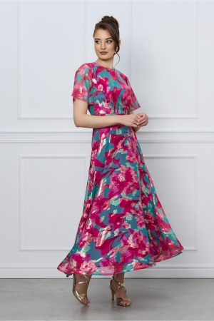 Rochie DY Fashion turcoaz cu imprimeuri florale fucsia si fir lurex 1