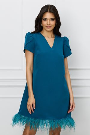 Rochie DY Fashion turcoaz cu pene la baza si umeri bufanti 1