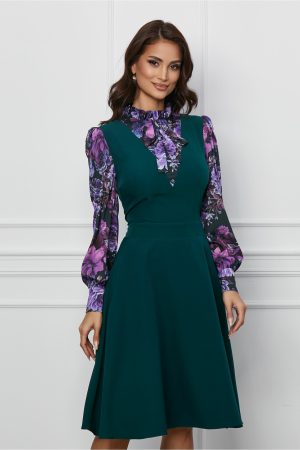 Rochie Dy Fashion verde cu imprimeuri pe maneci si bust 1