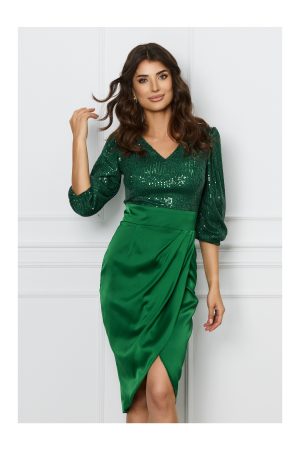 Rochie Dy Fashion verde cu paiete la bust si fusta din satin 1