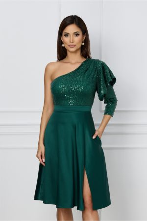 Rochie Dy Fashion verde cu paiete la bust si fusta din tafta 1