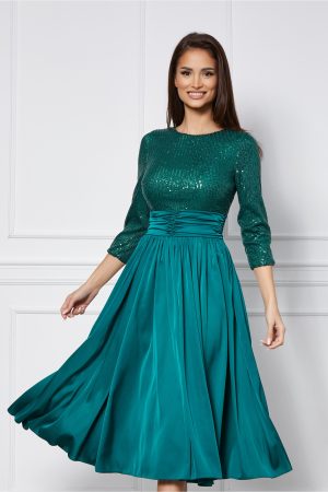 Rochie Dy Fashion verde din satin cu paiete la bust 1