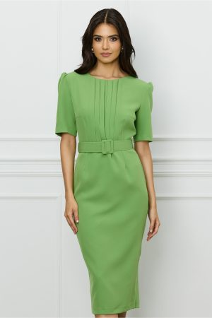 Rochie DY Fashion verde fistic cu pliuri pe bust si curea in talie 1