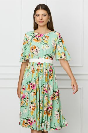 Rochie Dy Fashion vernil cu imprimeu floral orange si curea in talie 1