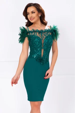 Rochie eleganta Azaleea cambrata verde cu broderie pretioasa si fulgi 1