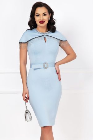 Rochie eleganta bleu conica cu maneci tip capa si franjuri argintii 1