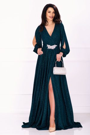 Rochie eleganta Chantal din lurex verde lunga cu sclipici 1