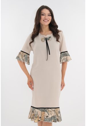 Rochie eleganta crem cu volanase la tiv si maneci 1