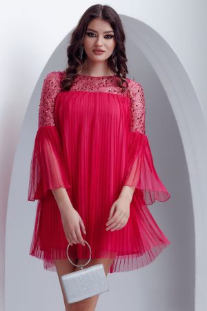 Rochie eleganta de ocazie Fofy ciclame lejera din tulle plisat margele paiete si perle 1