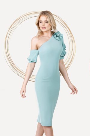 Rochie eleganta de ocazie Pretty Girl mint cu umar gol si volanase 1