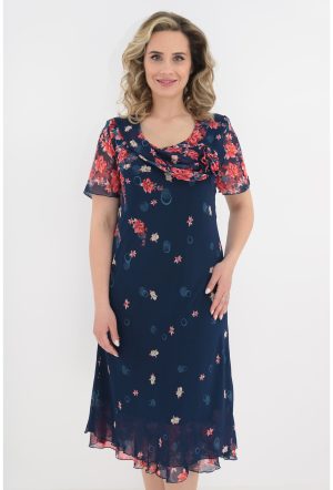 Rochie eleganta din voal bleumarin cu imprimeu floral rosu 1