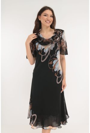 Rochie eleganta din voal negru cu flori maxi crem 1