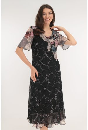 Rochie eleganta din voal negru cu print floral bej 1