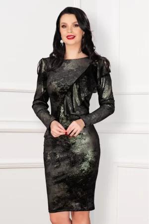 Rochie eleganta Emrin neagra cu volan oblic si aspect de glitter auriu 1