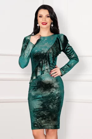 Rochie eleganta Emrin verde cu volan oblic si aspect de glitter auriu 1
