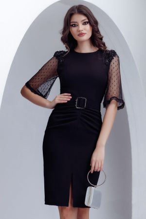 Rochie eleganta Fofy neagra cu maneci de dantela si aplicatii 3D 1